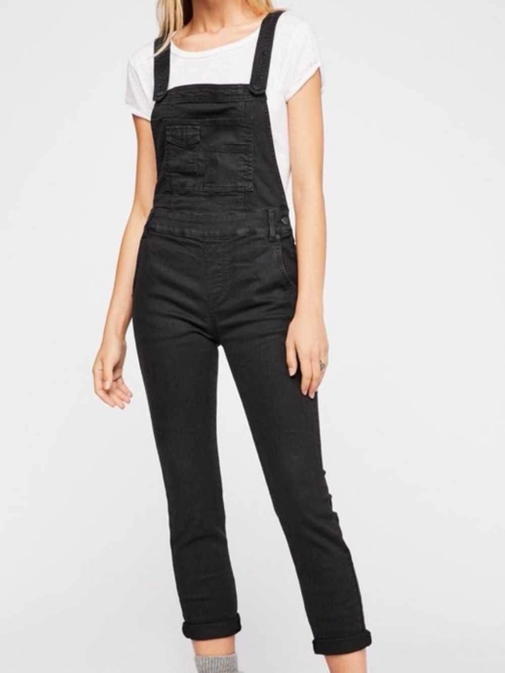 FREE PEOPLE Charcoal Grey Black Denim Skinny Ankle Overalls w Zippers